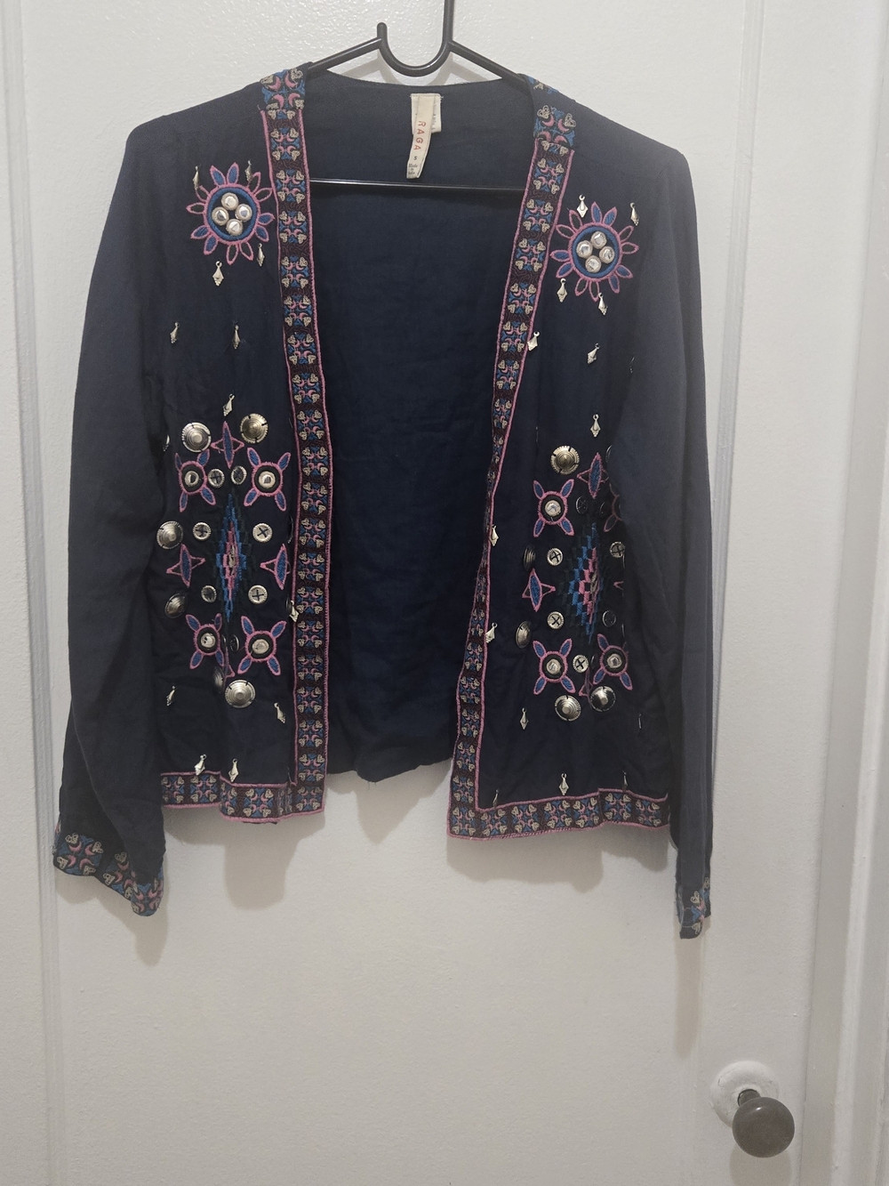 RAGA Navy Open-Front Embroidered Cardigan with Metallic Accents